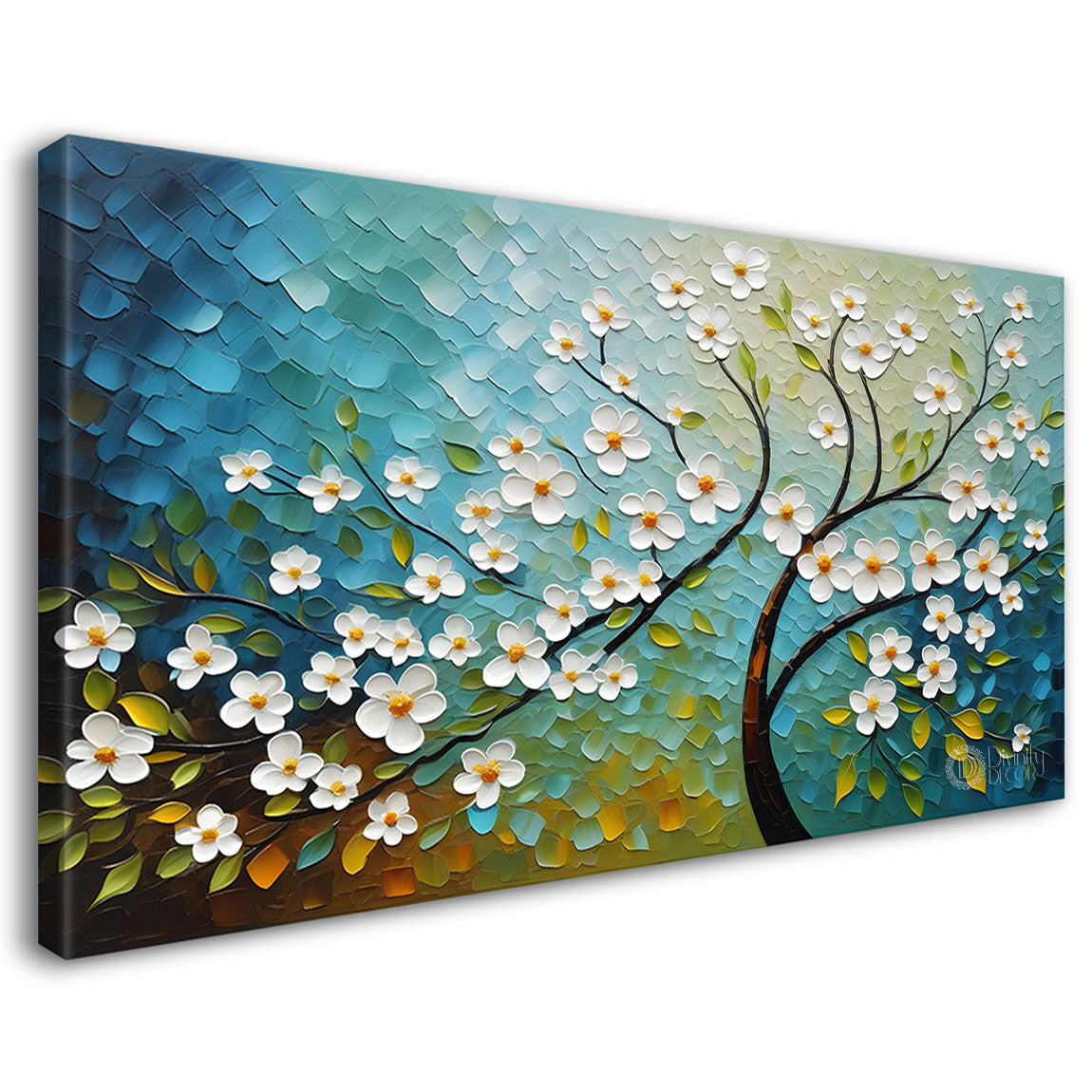 White flower tree in textured background oil painting- Design - Tree-269