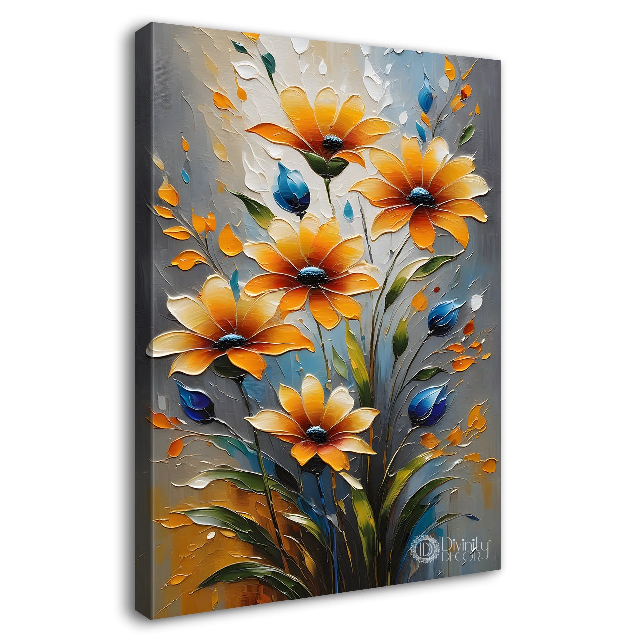 Yellow flowers in grey textured background painting - Flower-V-26
