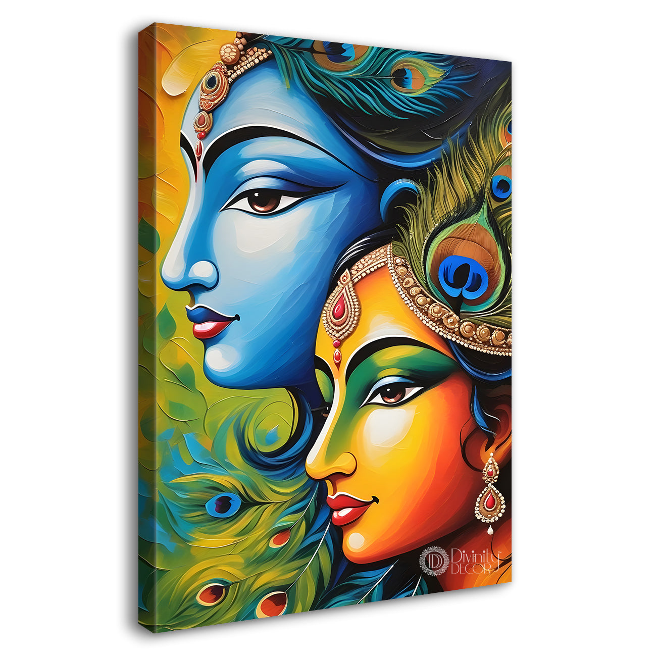 Blue face of krishna with radha in peacock feathers background textured art Canvas Painting - Design - Krishna-V-26