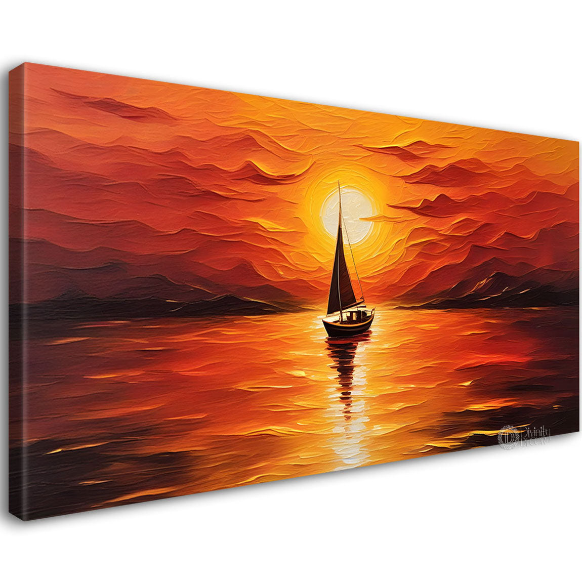 Boat in sea with sunrise background textured modern art canvas painting - Design - River-26