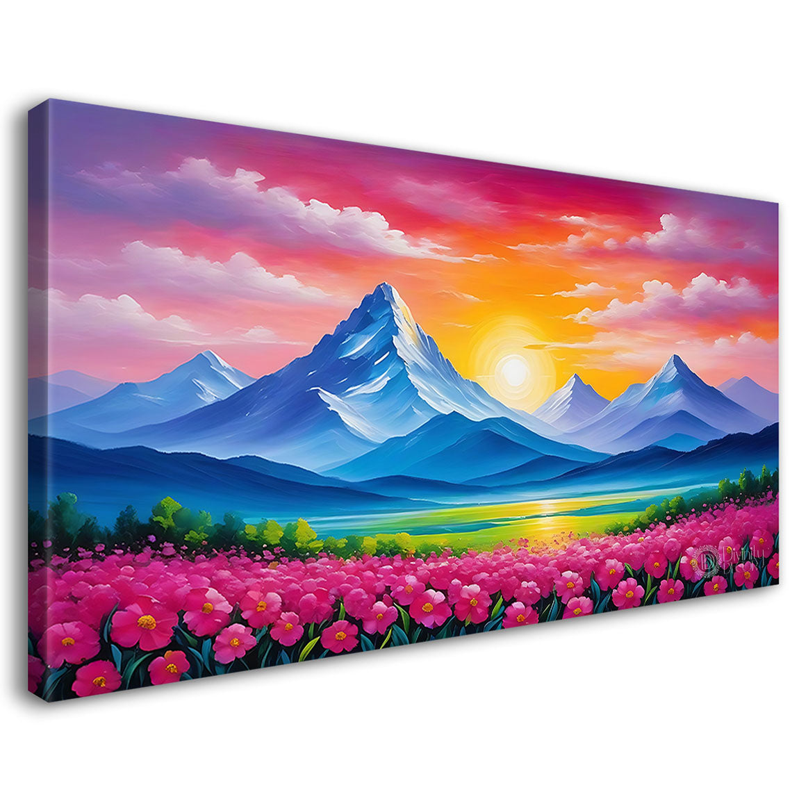 Mountains with pink sky and flowers in textured natural scenery art painting Canvas Painting - Nature Art -26