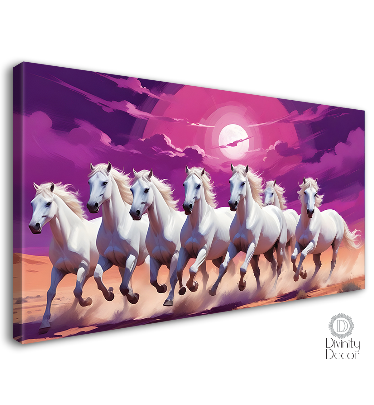 White horses running on sand with moon in purple textured background art Canvas Painting - Design - Horse-27