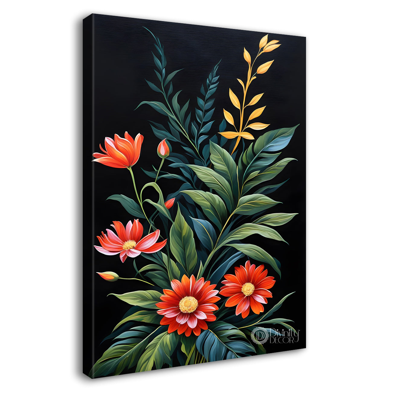 Red flowers with leaves in dark textured background painting- Flower-V-271