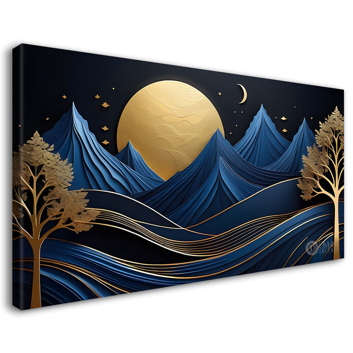 Blue mountains with golden moon and tree Canvas Painting - Nature Art -273