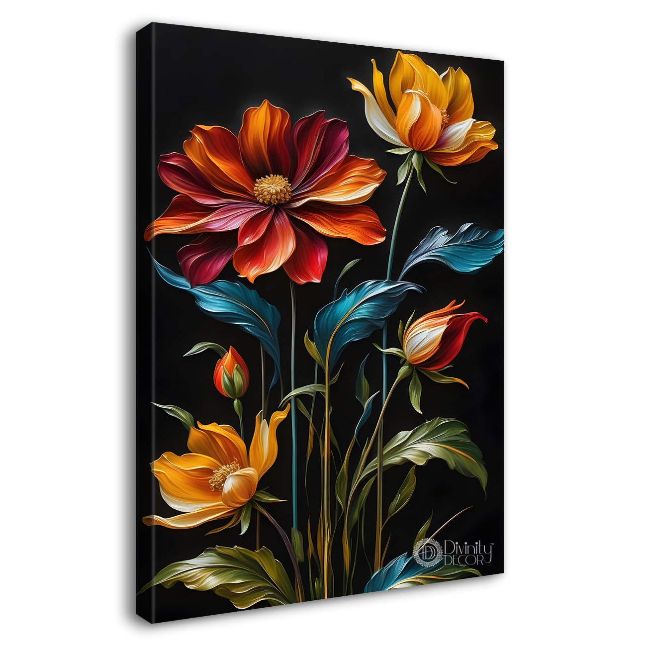 Colourful flowers with leaves in dark textured background painting- Flower-V-273