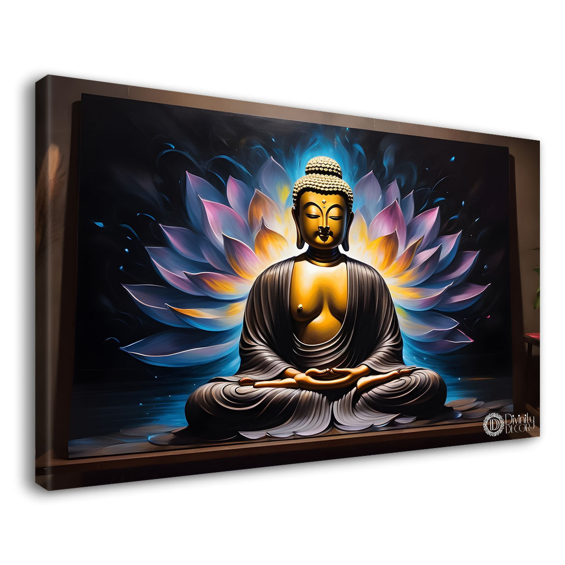 Buddha with dark and lotus textured background painting Canvas Wall Painting - Buddha-274