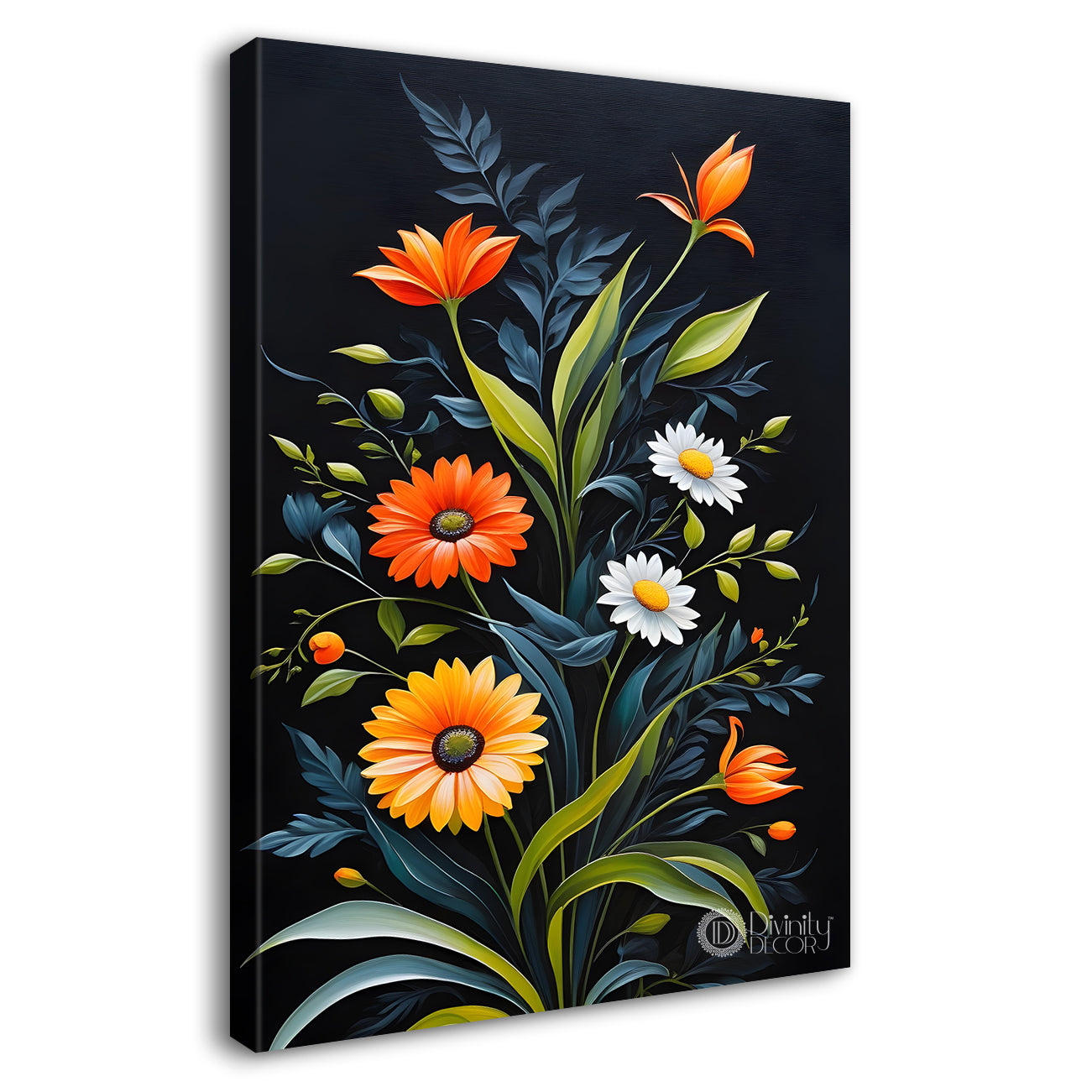 Colourful flowers with leaves in dark textured background painting- Flower-V-274