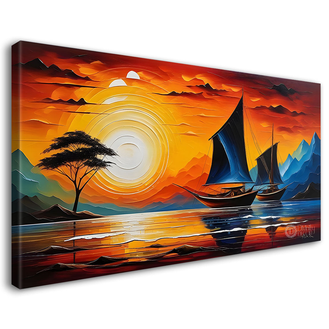 Boat on river with mountains and sunrise painting Canvas Painting - Nature Art -274