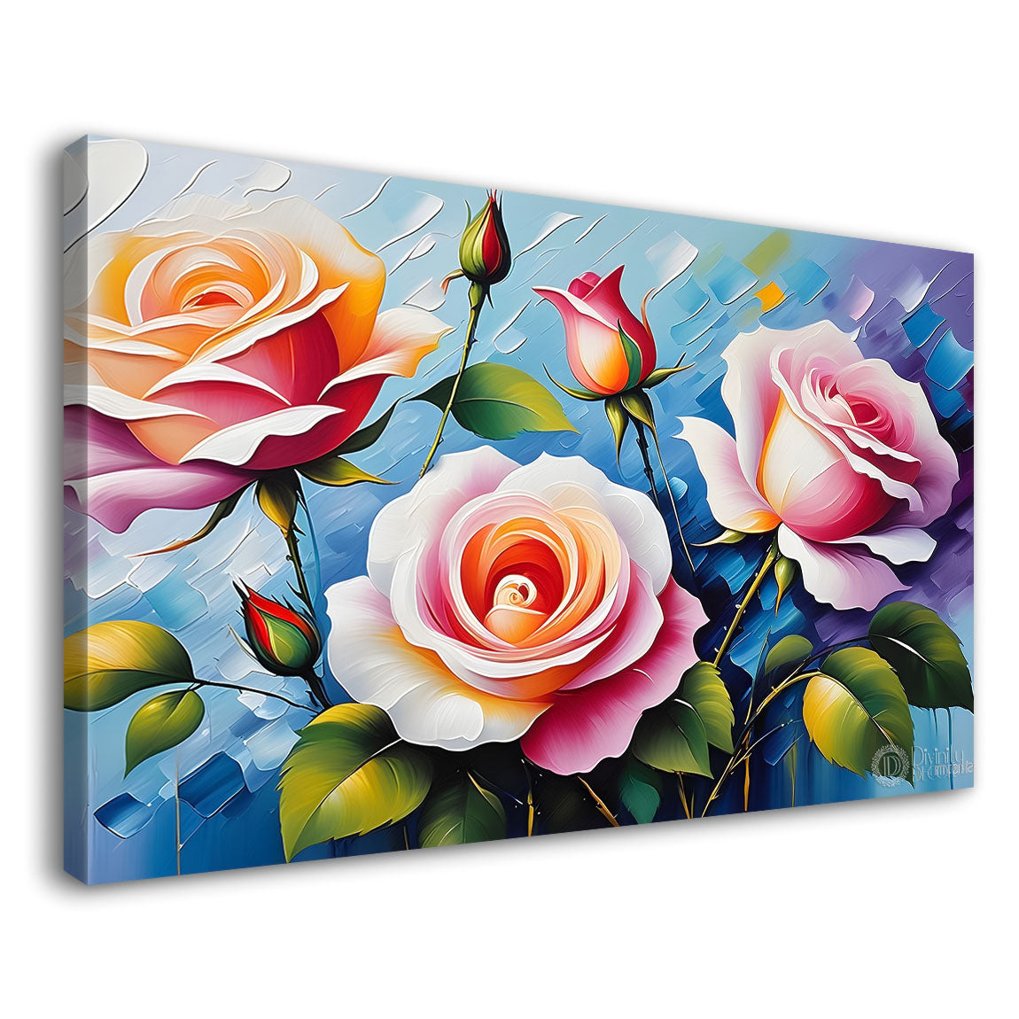 Pink roses with blue textured background painting- Flower-275