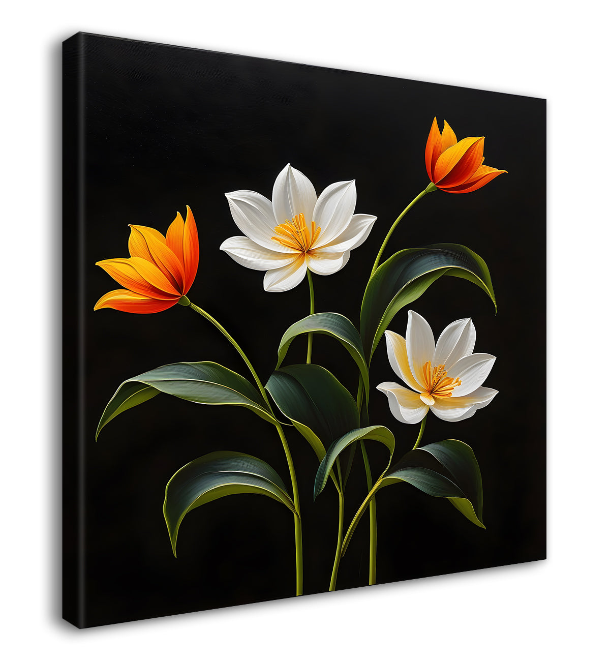 White and orange flowers in black background painting - Flower-S-275