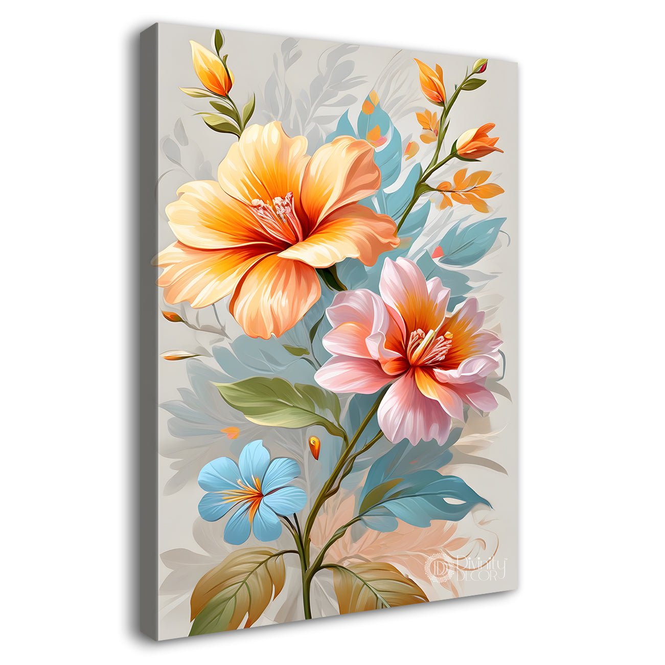 Orange and pink flowers in grey textured background painting- Flower-V-275
