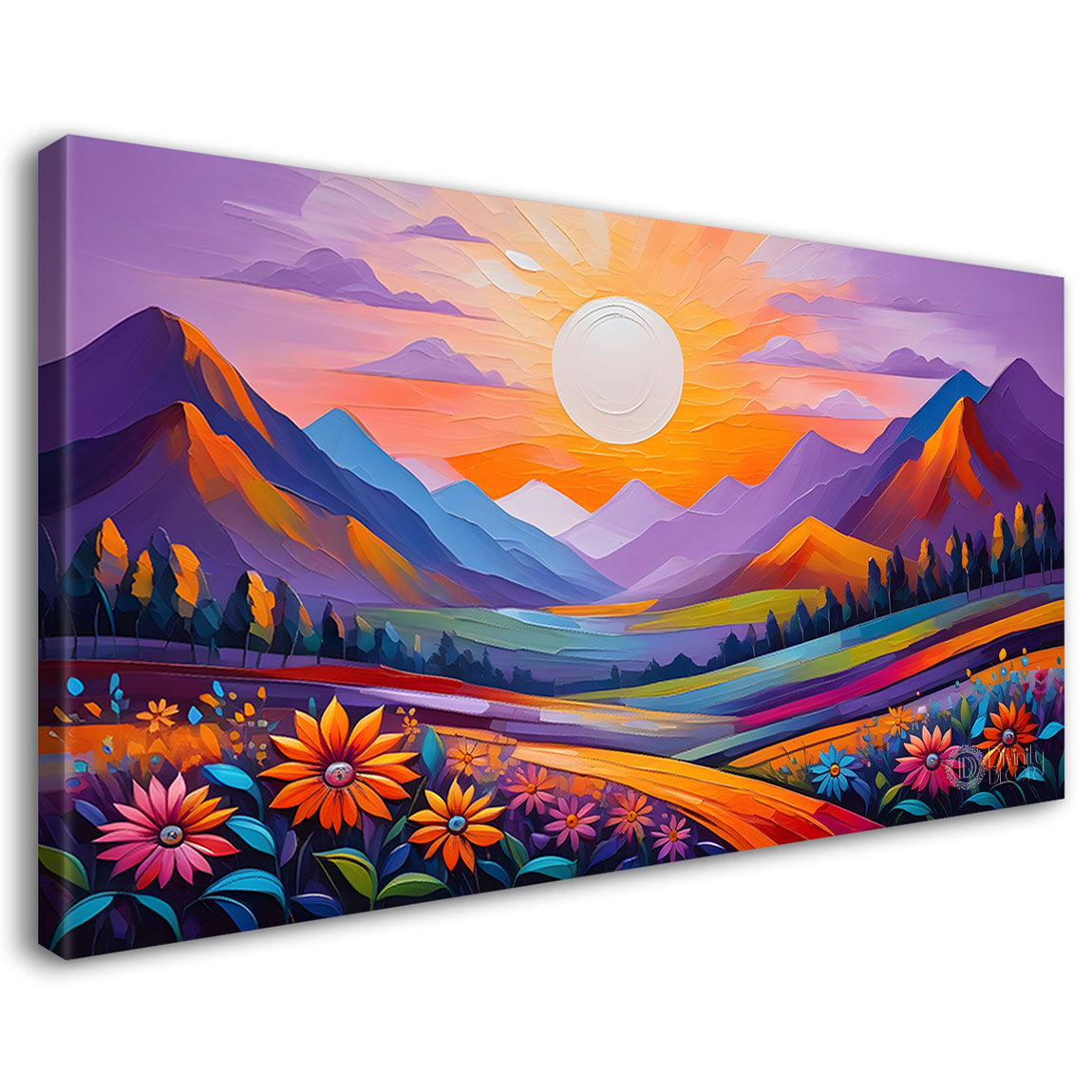 Mountains with flowers and sunset painting Canvas Painting - Nature Art -275