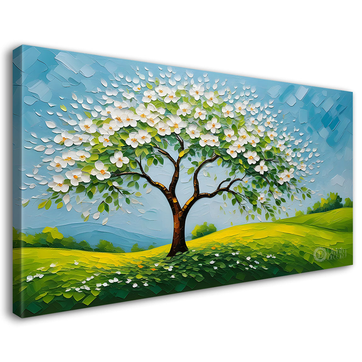 White flower tree in textured background oil painting- Design - Tree-275