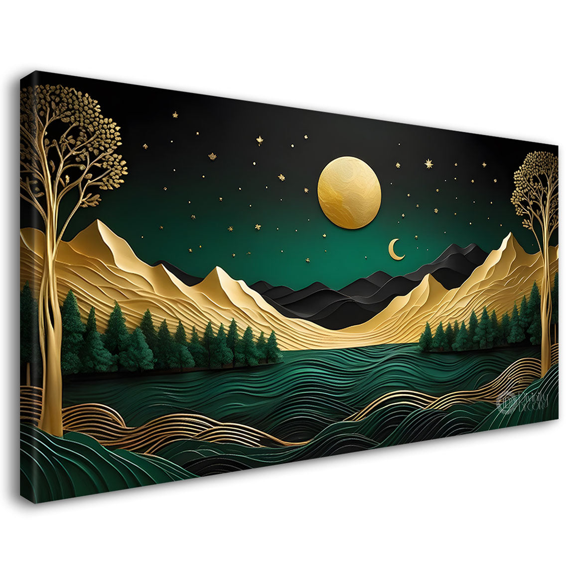Green mountains with golden moon and trees Canvas Painting - Nature Art -276