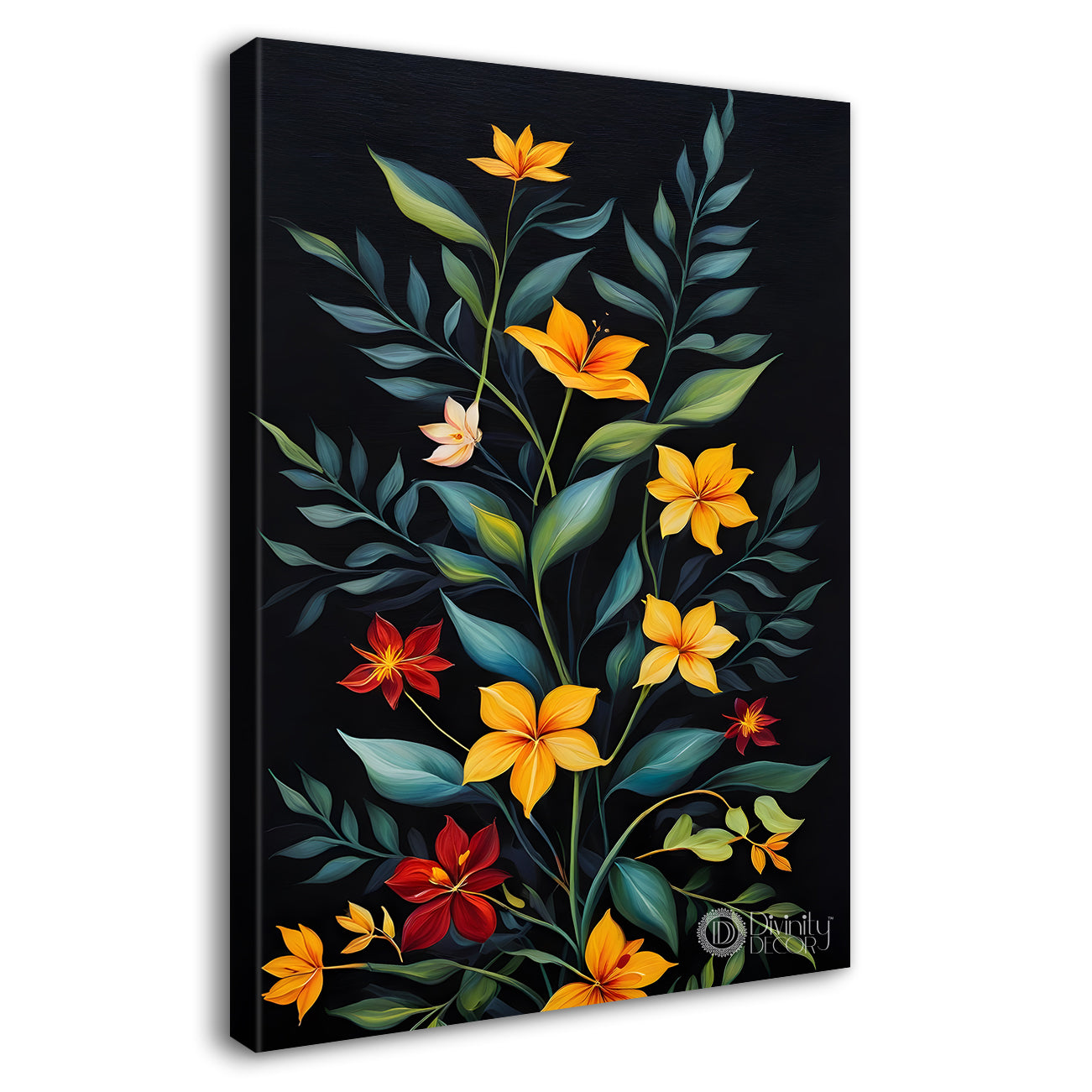 Colourful flowers with leaves in dark textured background painting- Flower-V-276