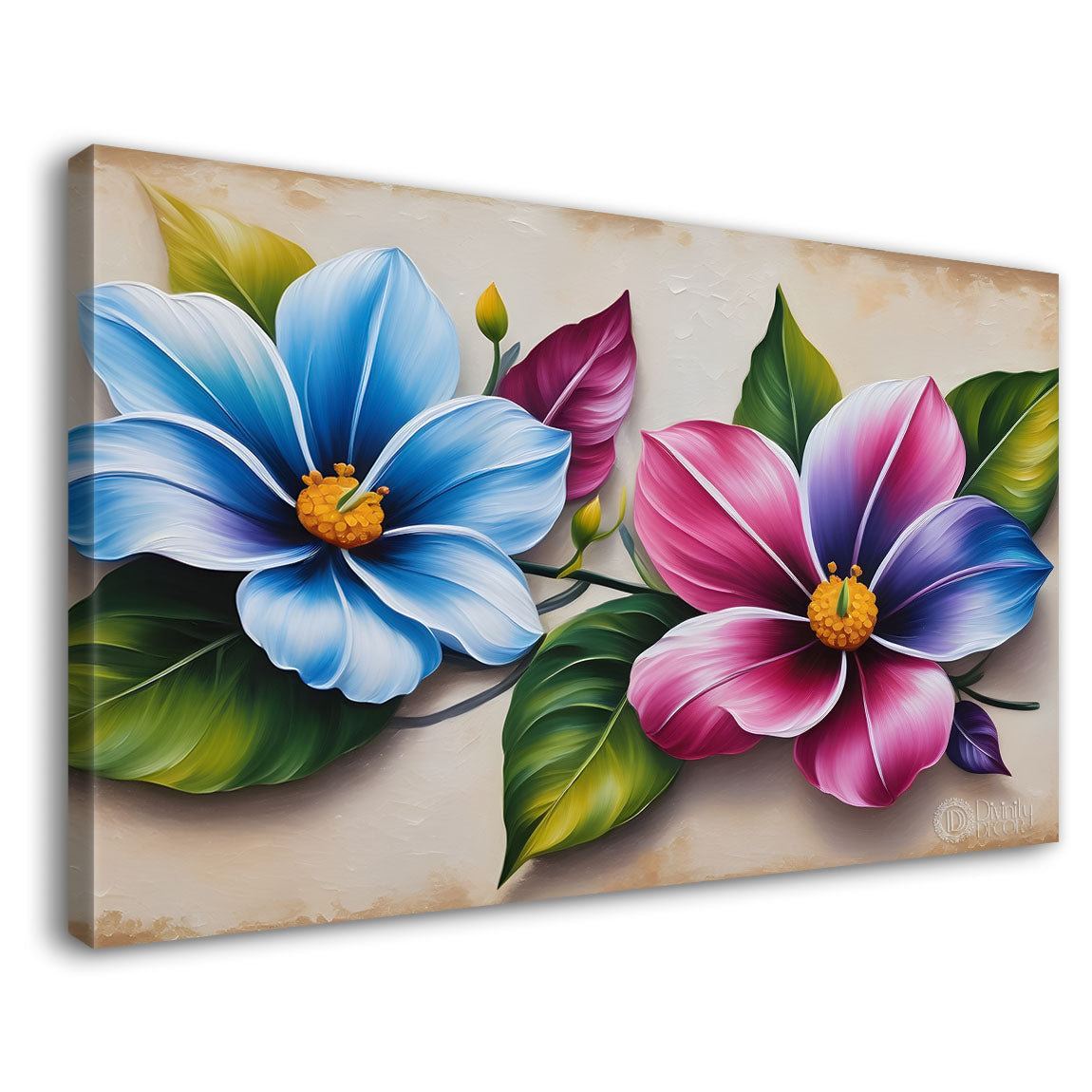 Pink and blue flowers in light background canvas painting- Flower-277