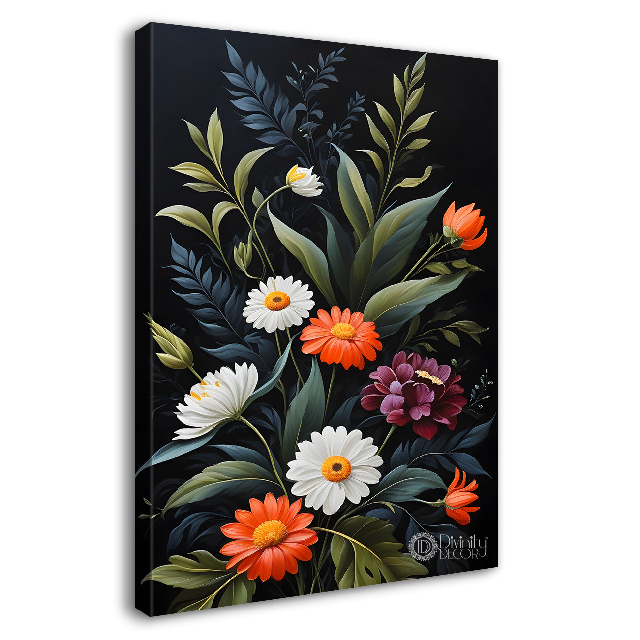 Colourful flowers with leaves in dark textured background painting- Flower-V-277