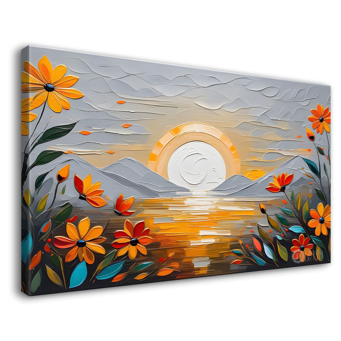 Orange flowers with the sunrise background canvas painting- Flower-278