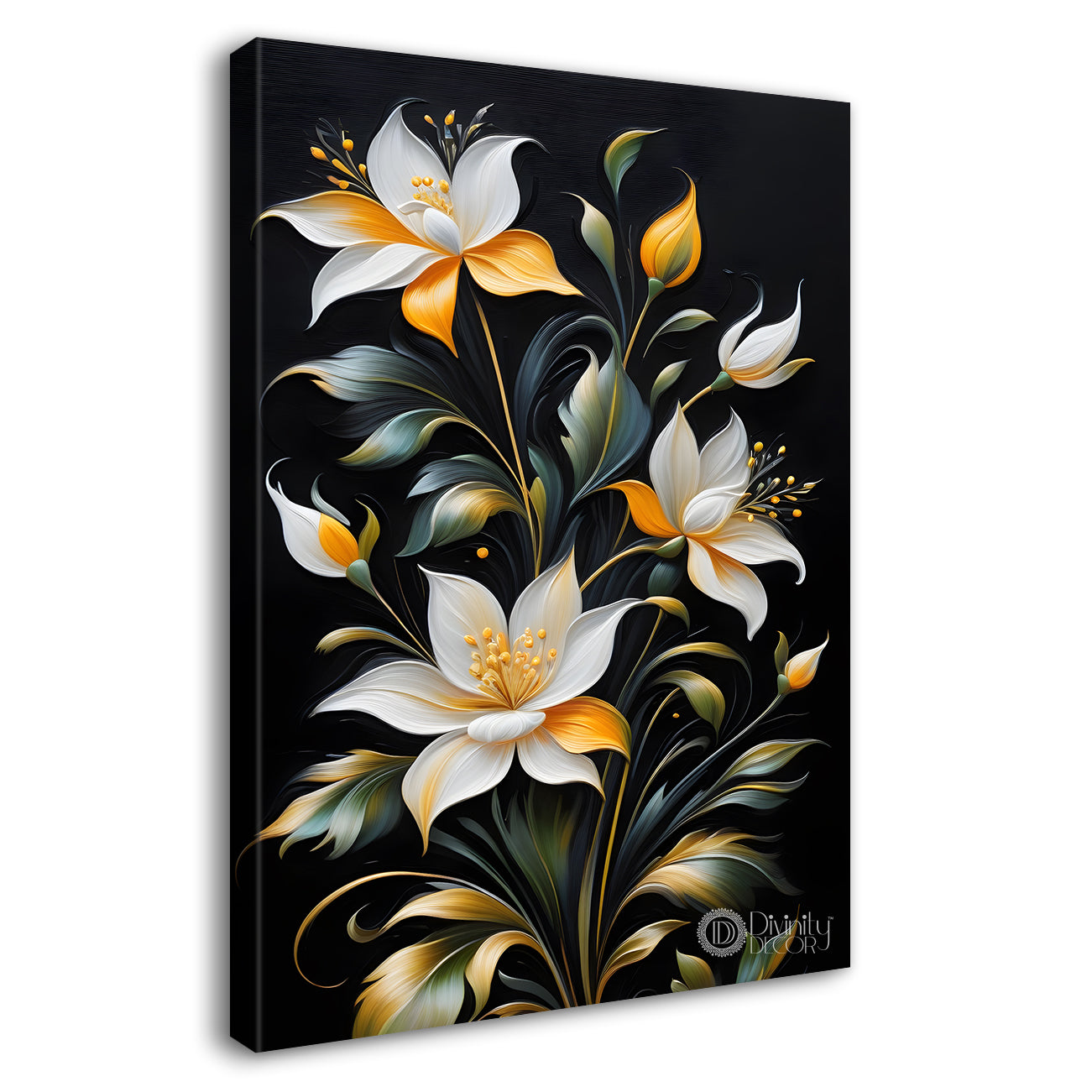 White flowers with leaves in dark textured background painting- Flower-V-278