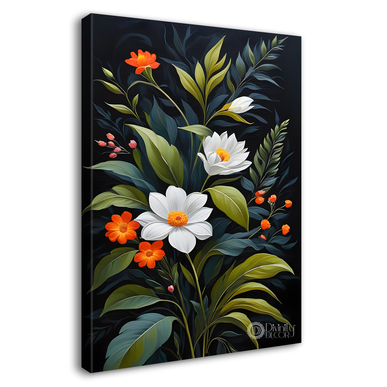 White flowers with leaves in dark textured background painting- Flower-V-279