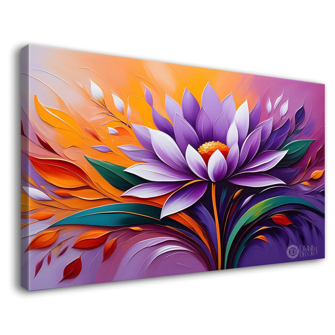 Purple flower with orange background canvas painting- Flower-279