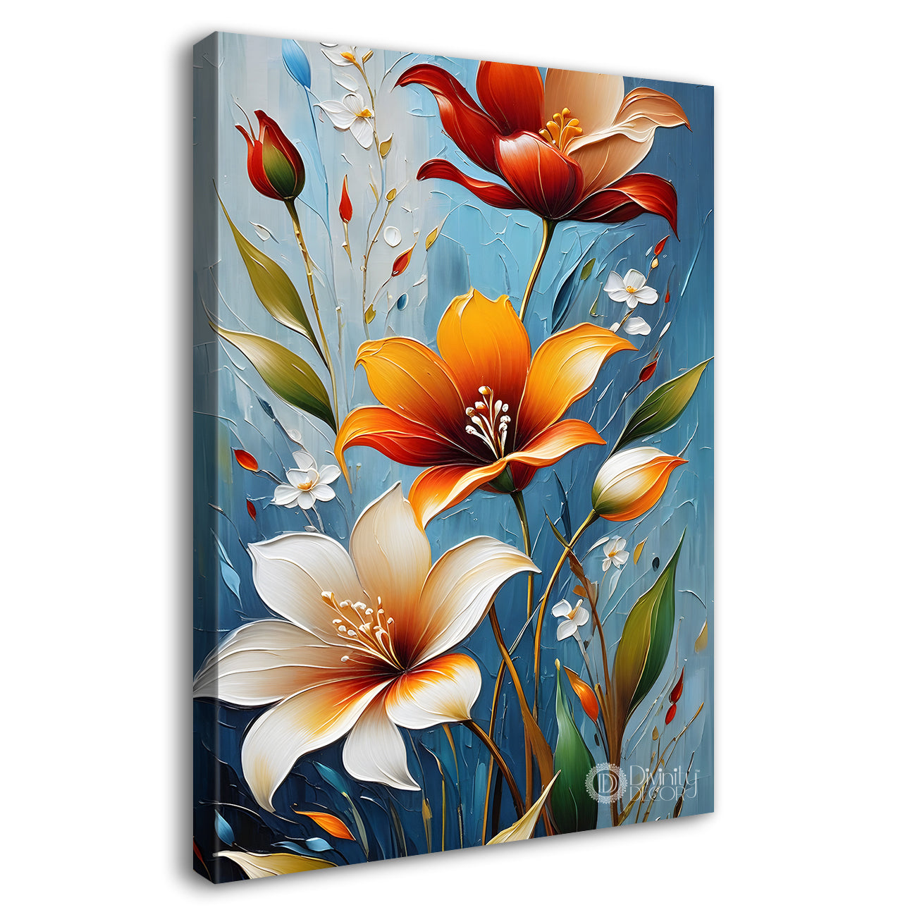 Colourful flowers in blue textured background painting - Flower-V-27