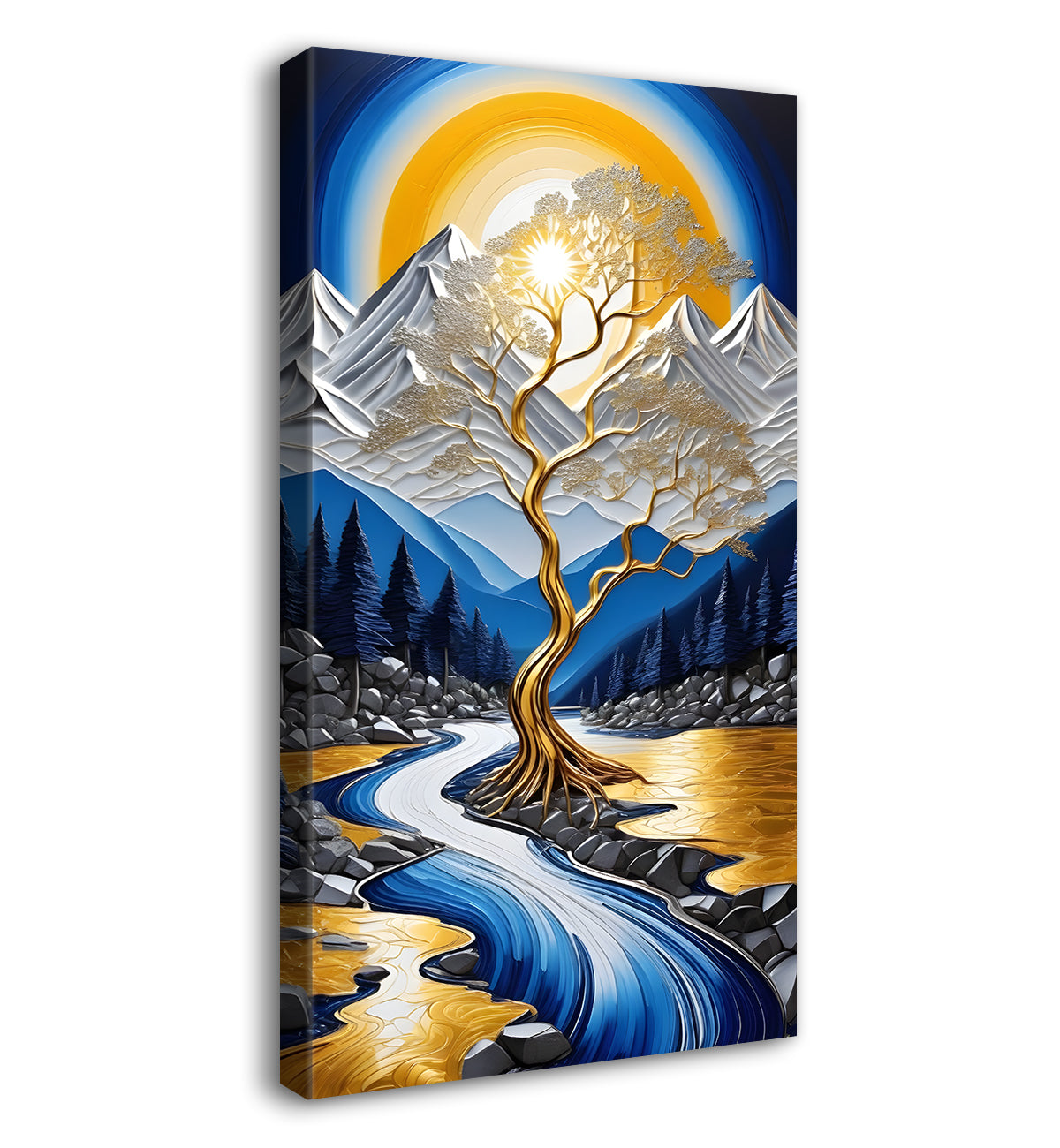 Beautiful scenery in white ,golden and blue textured natural art Canvas Painting - Nature Art -V-27