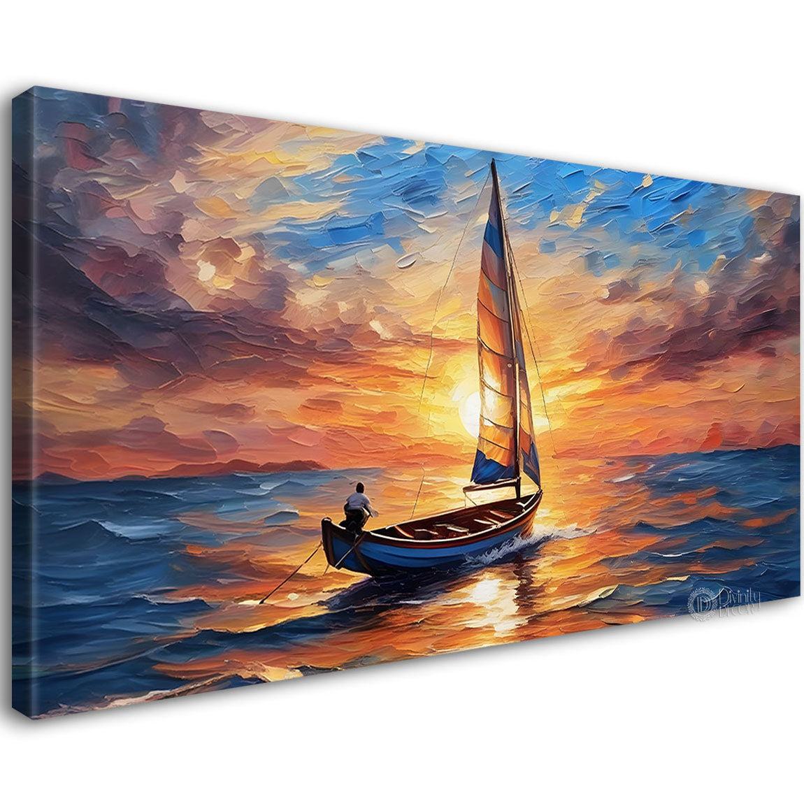 Boat in sea with sunset background textured modern art canvas painting - Design - River-27