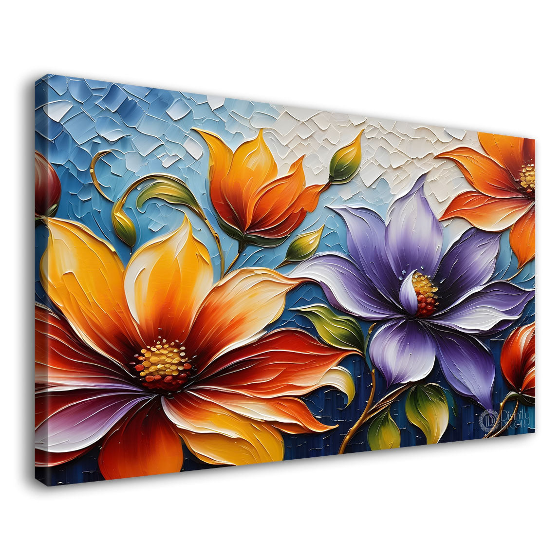 Orange and blue flowers with blue textured painting- Design - Flower-27