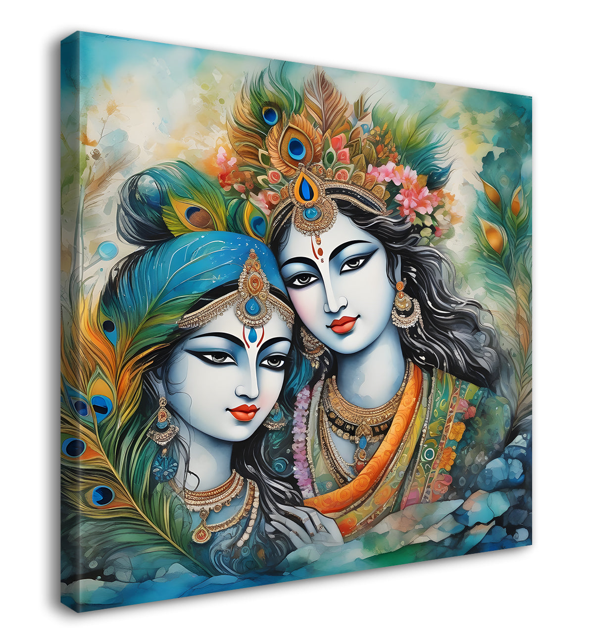 Blue face of krishna with radha in oil painting Canvas Painting 24X24- Design - Krishna-S-27