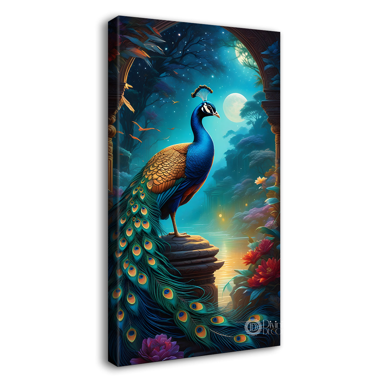 Peacock in front of moon with blue background modern art painting  - Design - Peacock-V-27