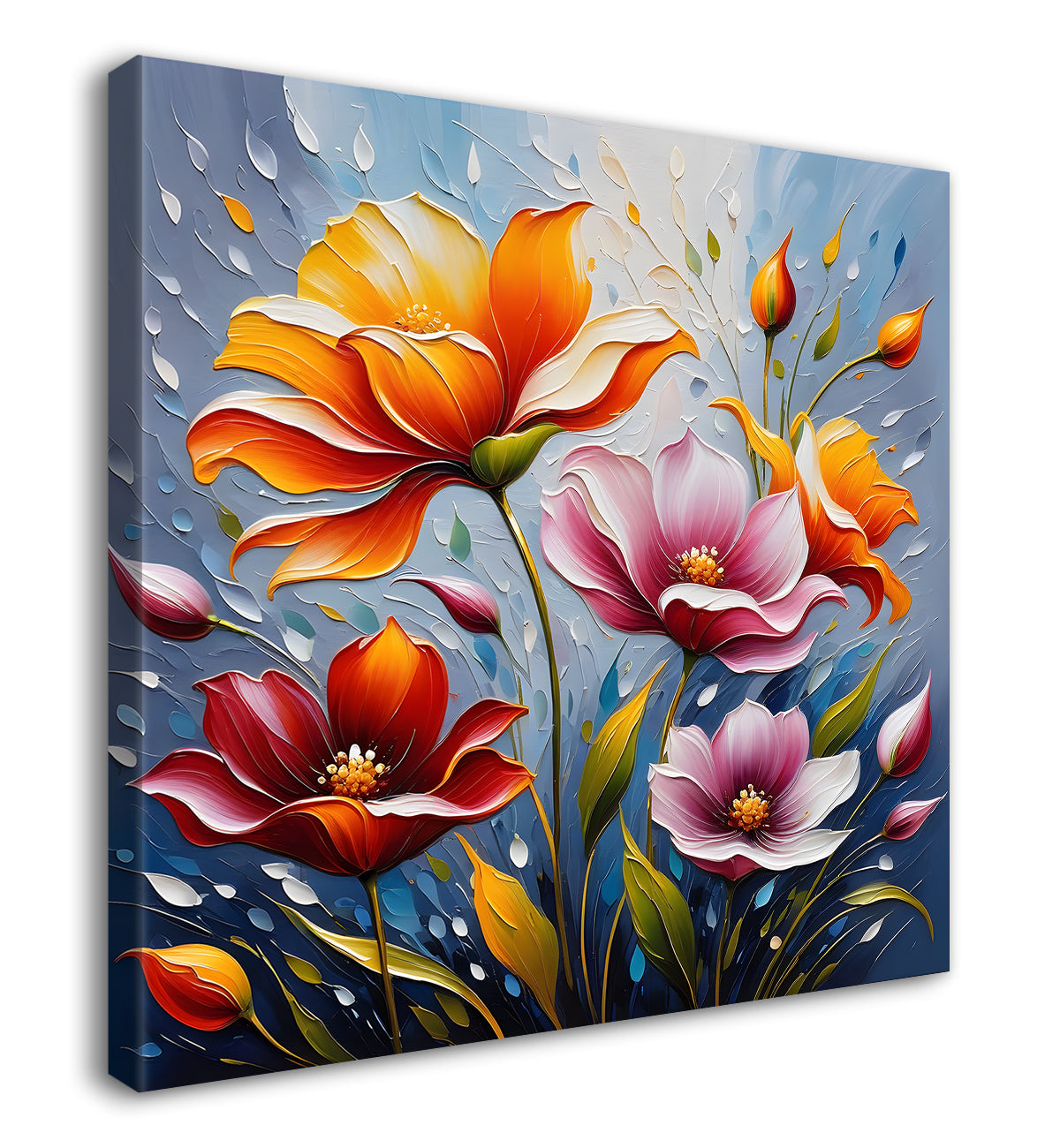 Colourful flowers in blue background textured painting - Flower-S-27