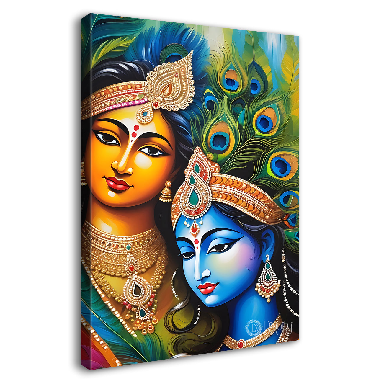 Blue face of krishna with radha in peacock feathers background textured art Canvas Painting - Design - Krishna-V-27