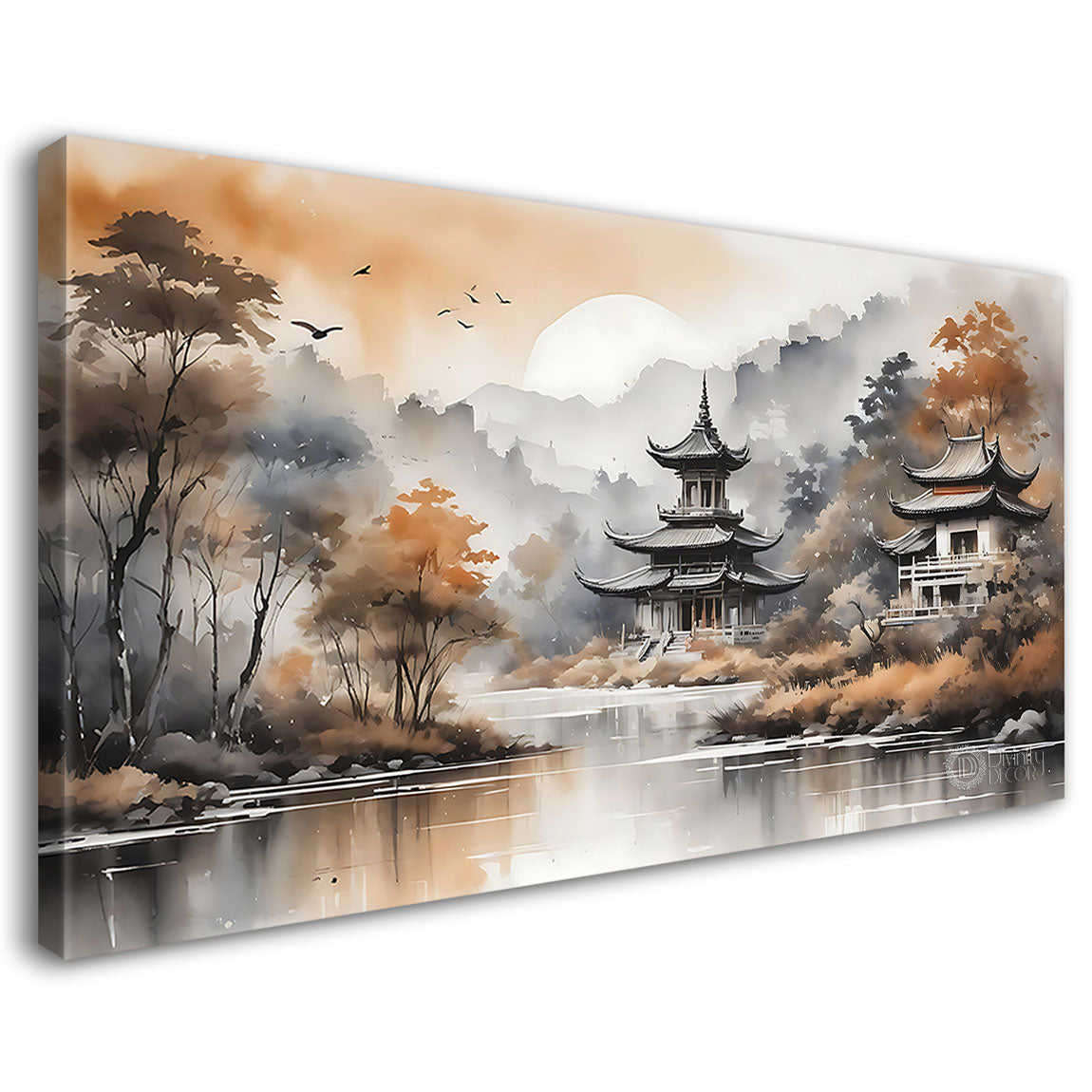 Golden trees and temple with grey and white detailing natural art Canvas Painting - Nature Art -27