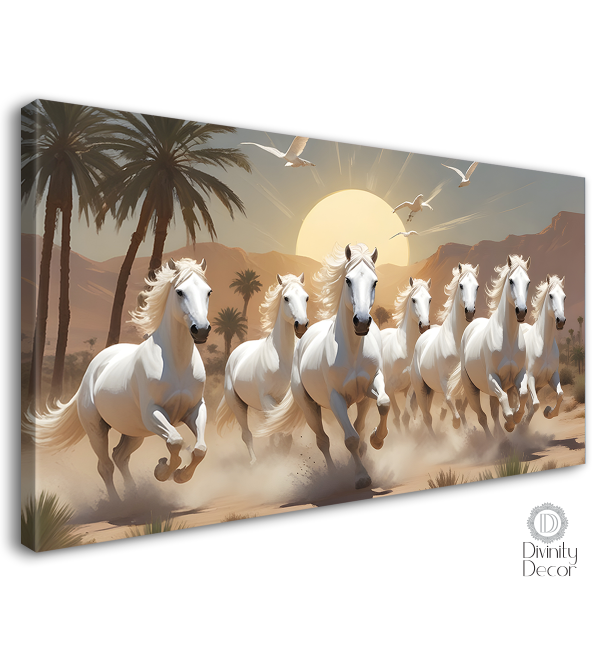 White horses running on sand with mountains and sunrise textured background art Canvas Painting - Design - Horse-28