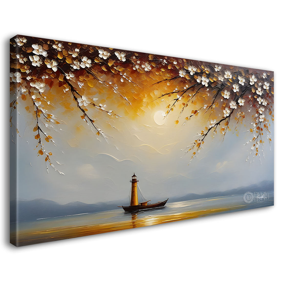 Ship in the sea and tree with flowers painting Canvas Painting - Nature Art -280