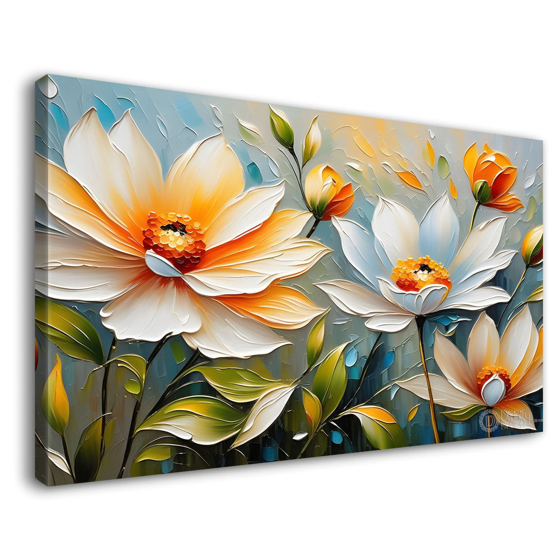 White flowers in blue background canvas painting- Flower-280