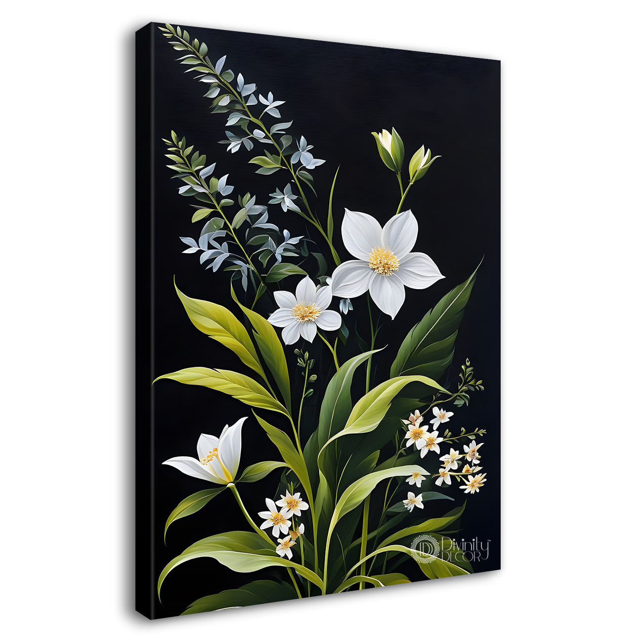 White flowers with leaves in dark textured background painting- Flower-V-280