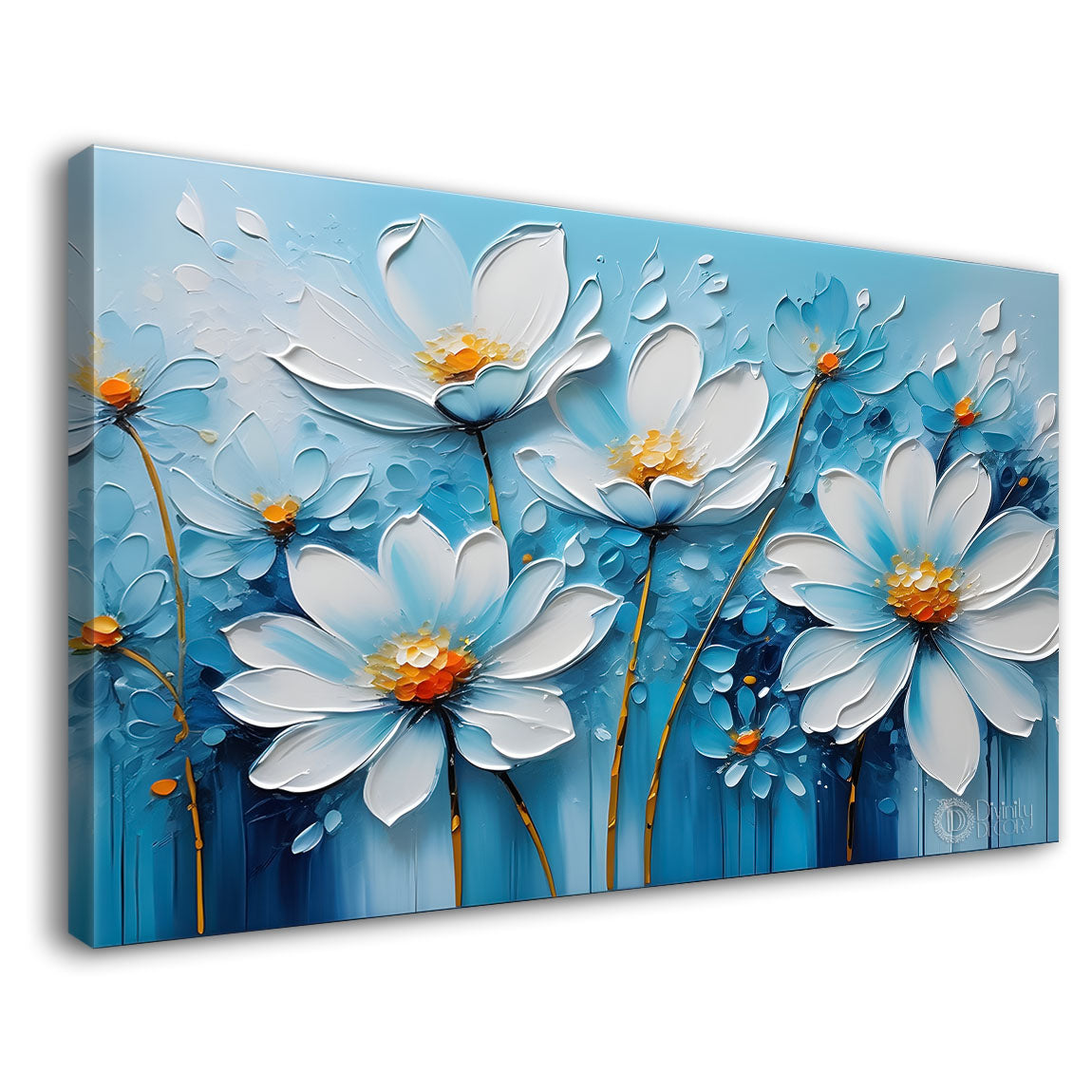 White flowers in blue background canvas painting- Flower-281