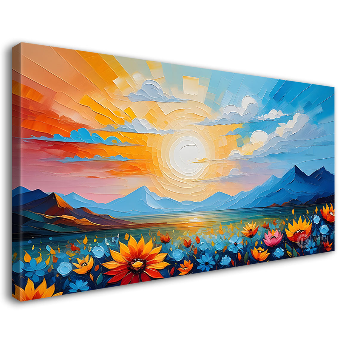 Mountains with flowers and sunset painting Canvas Painting - Nature Art -281