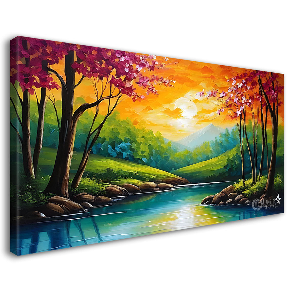 Mountains with orange trees and lake in textured natural art Canvas Painting - Nature Art -282