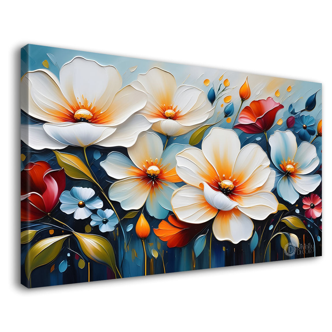 White flowers in blue background canvas painting- Flower-282