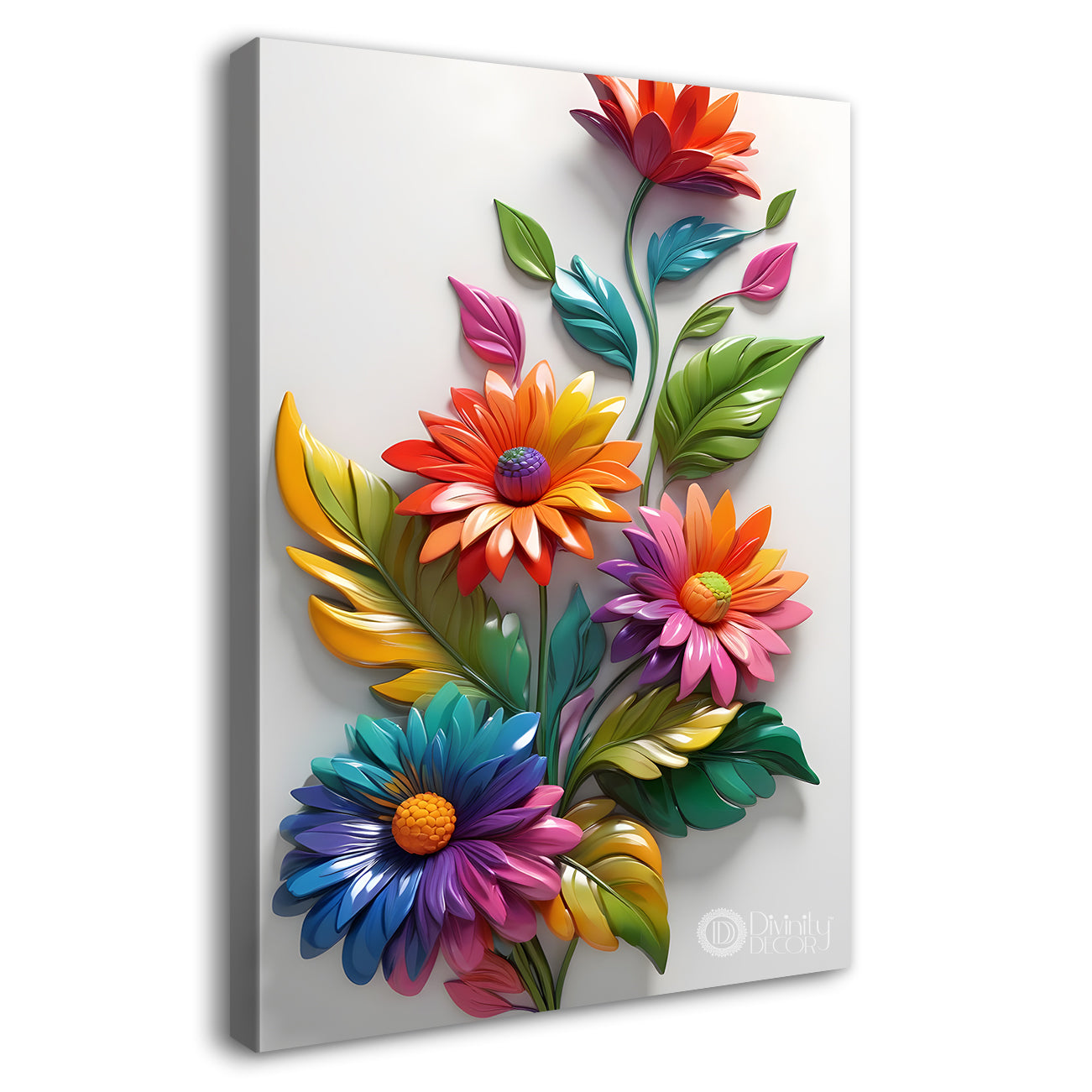 Colourful flowers in grey textured background painting- Flower-V-282