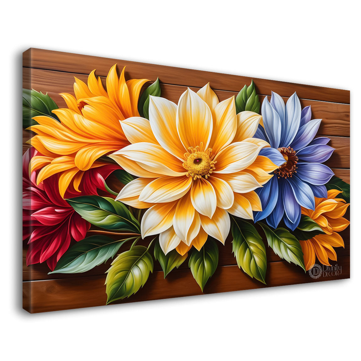 Colorful flowers in brown background canvas painting- Flower-283