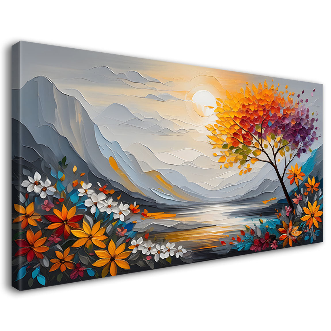 Mountains with orange trees and lake in textured natural art Canvas Painting - Nature Art -283