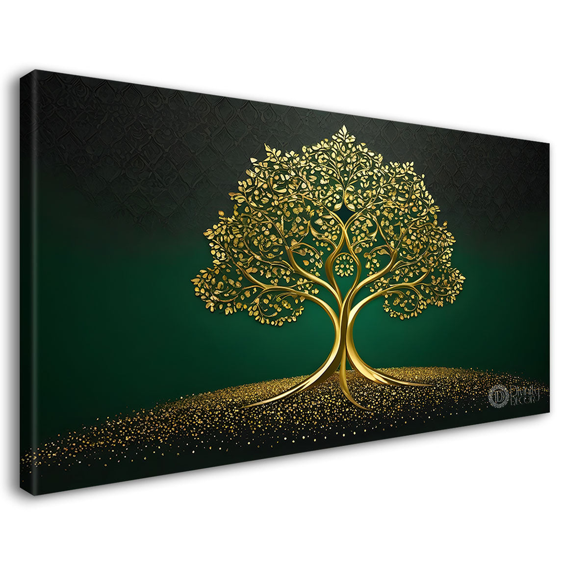 Golden tree in dark green textured background modern art- Design - Tree-283