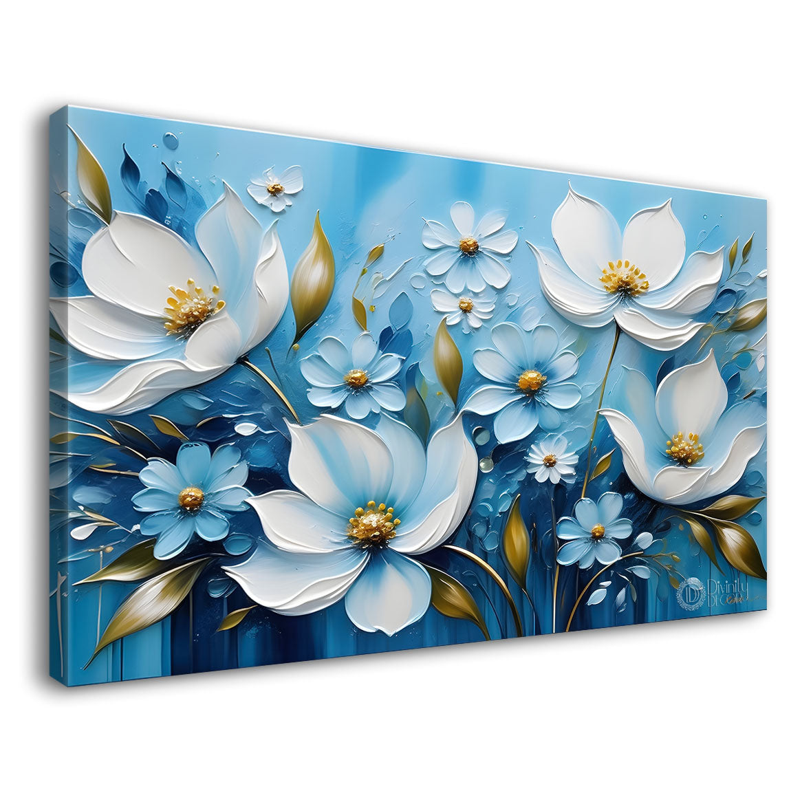 White flowers in blue background canvas painting- Flower-284