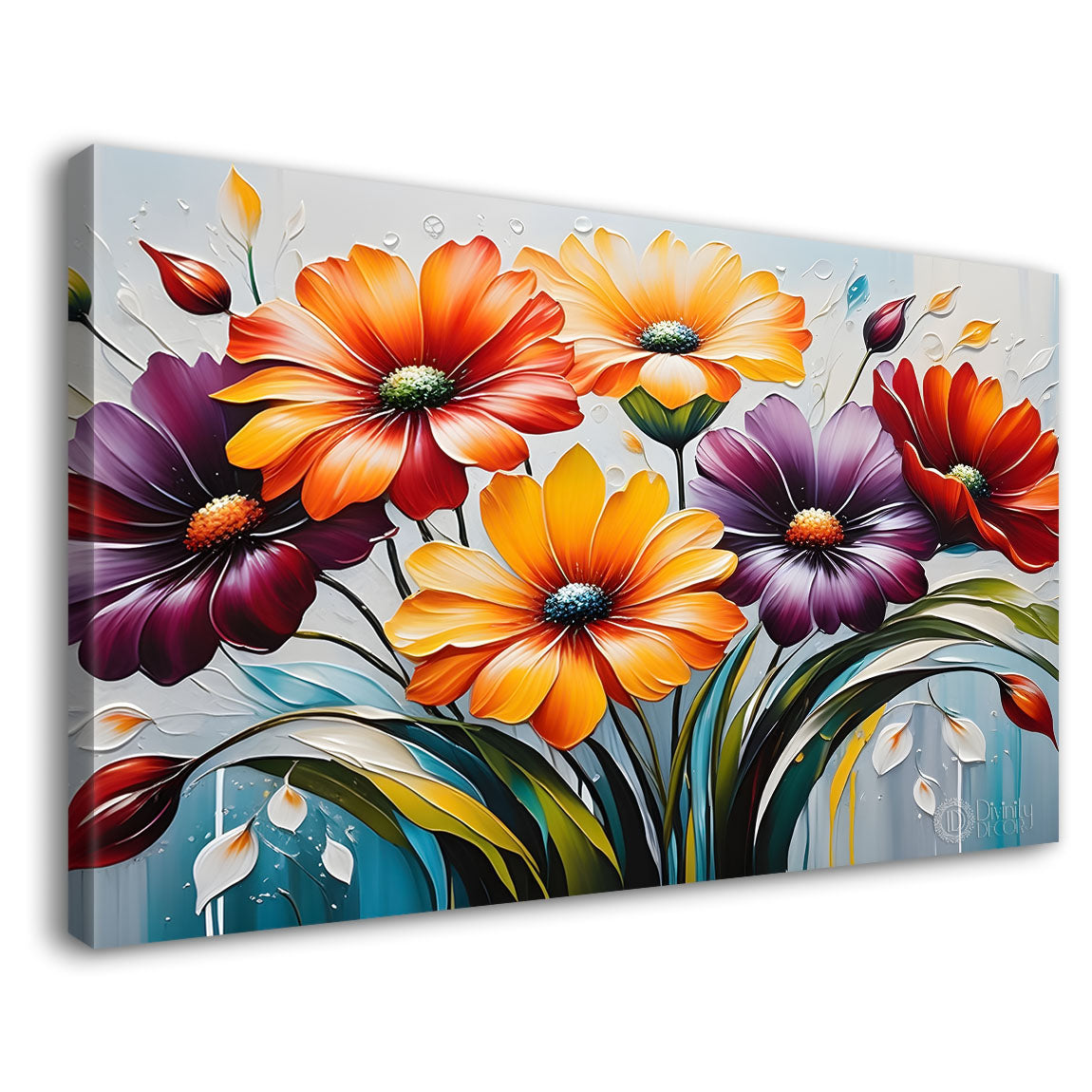 Colorful flowers in blue background canvas painting- Flower-285
