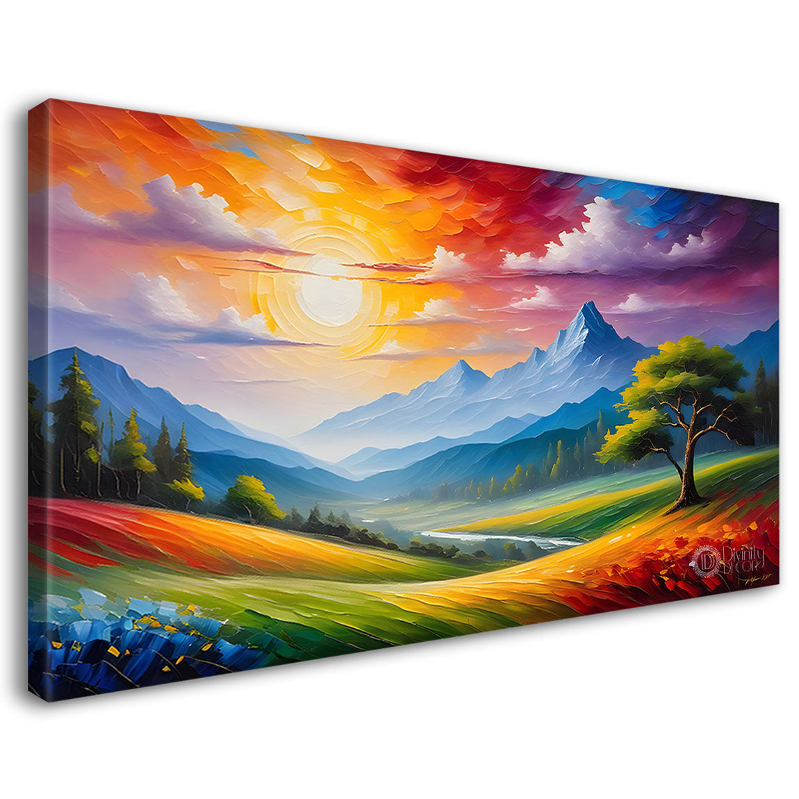 Mountains with trees and colorful sky painting Canvas Painting - Nature Art -285