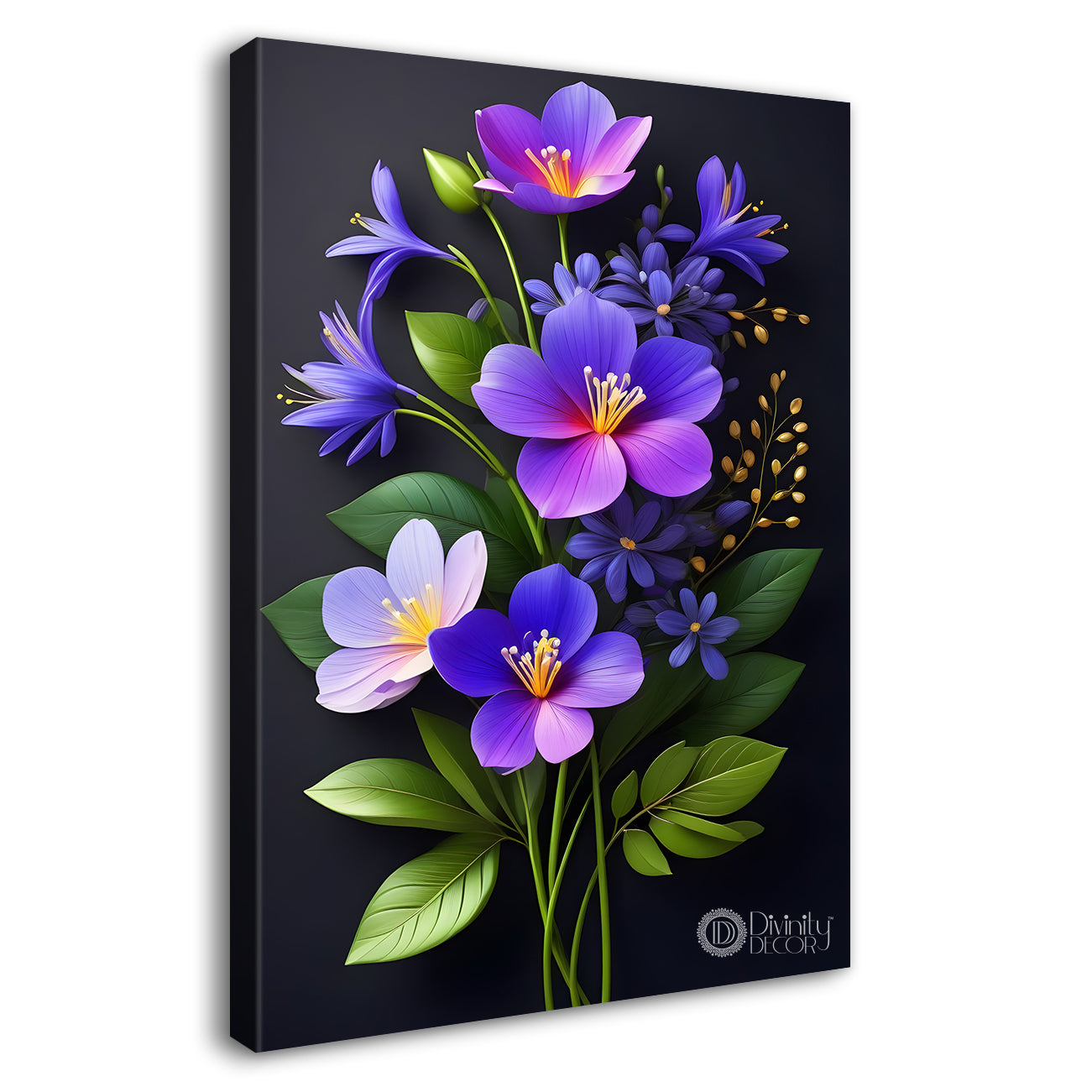 Purple flowers in dark textured background painting- Flower-V-286